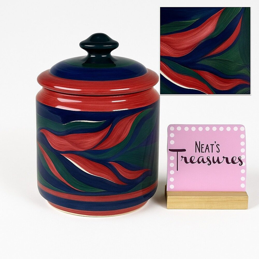 1988 Gail Pittman FLAME Red Green Blue Wavy Line Band Signed 9" Lidded Canister